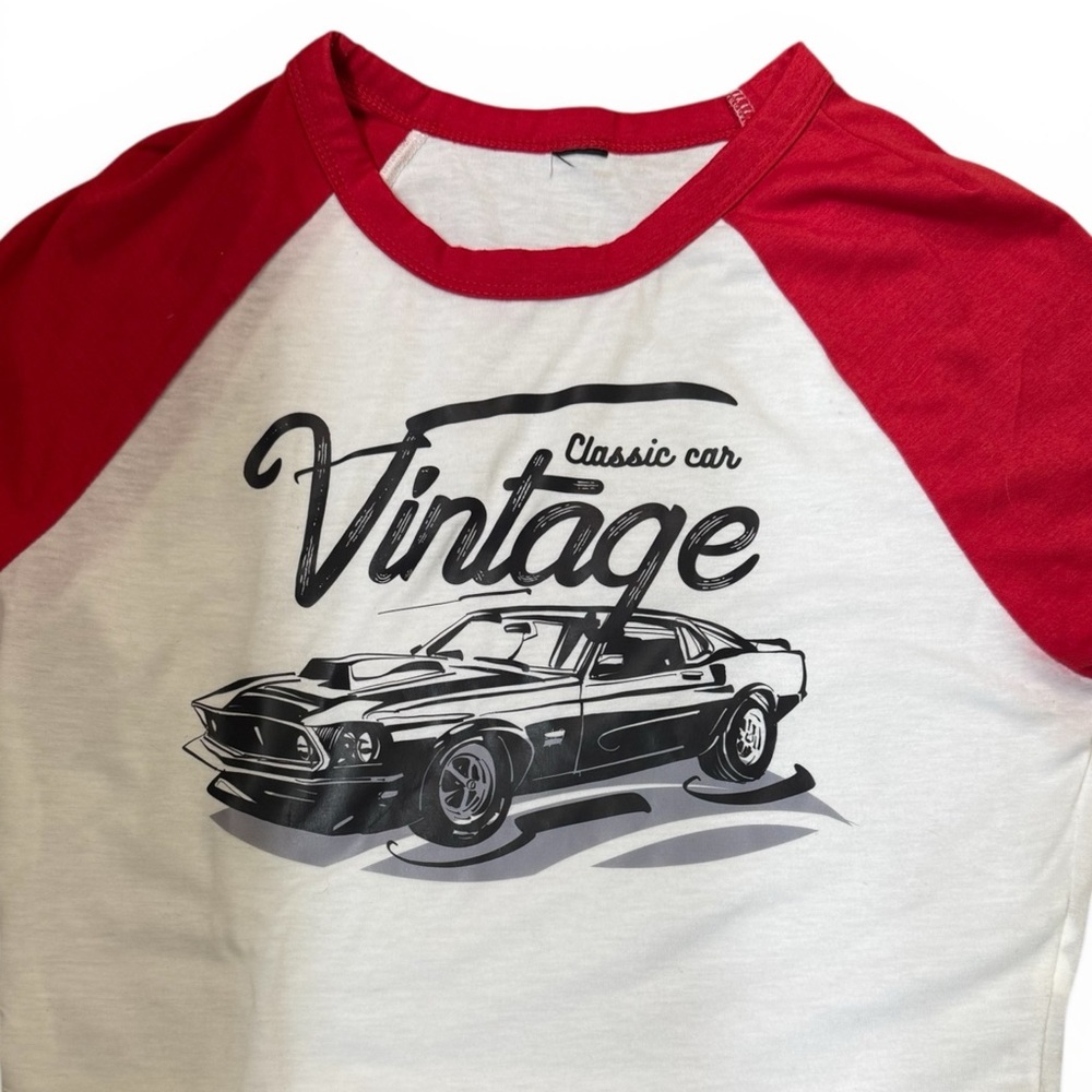 Vintage Graphic Raglan Crop Top - Red/White